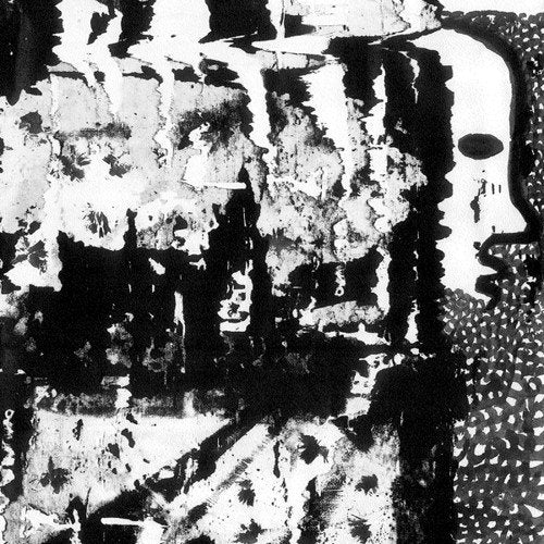 Black and white abstract expressionist painting with textured brushstrokes.