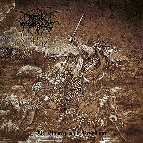 Darkthrone album cover: battle scene illustration in sepia tones, Viking warriors.