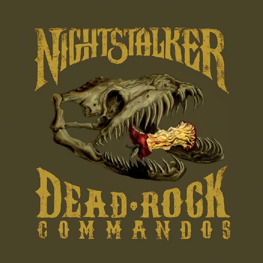 Nightstalker album cover: skull with fiery rock in mouth, distressed text.