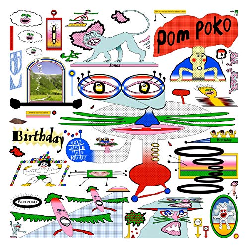 “Birthday” vinyl album cover with colorful, surreal collage of images.