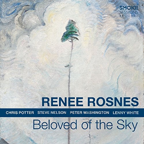 Album cover for Renee Rosnes’ “Beloved Of The Sky” with blue and white abstract art.