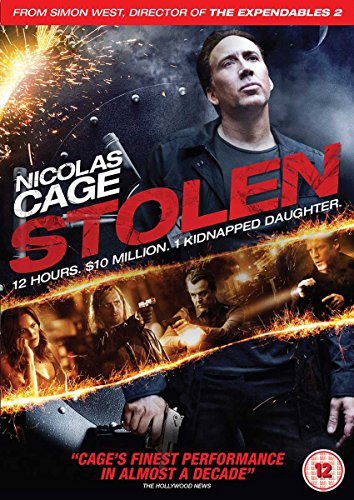 DVD cover for "Stolen" featuring Nicolas Cage and action scenes.