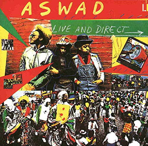 Aswad album cover, featuring three men and a crowd in vibrant colors.