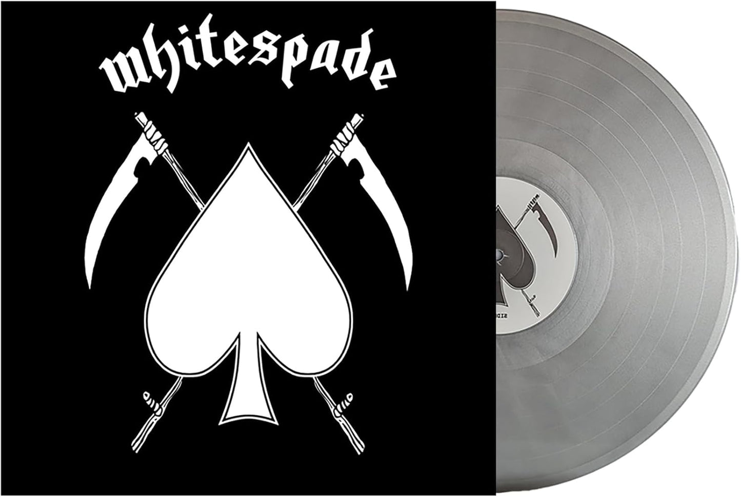 Whitespade silver vinyl record with spade and scythe imagery on cover.