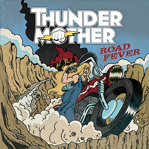 āRoad Feverā CD cover: illustrated woman on a motorcycle in a desert landscape.