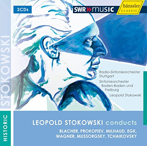 CD case for Stokowski’s orchestral music featuring a blue abstract portrait.