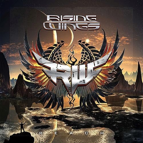 CD cover for Rising Wings’ “Reach” featuring wings and a landscape.