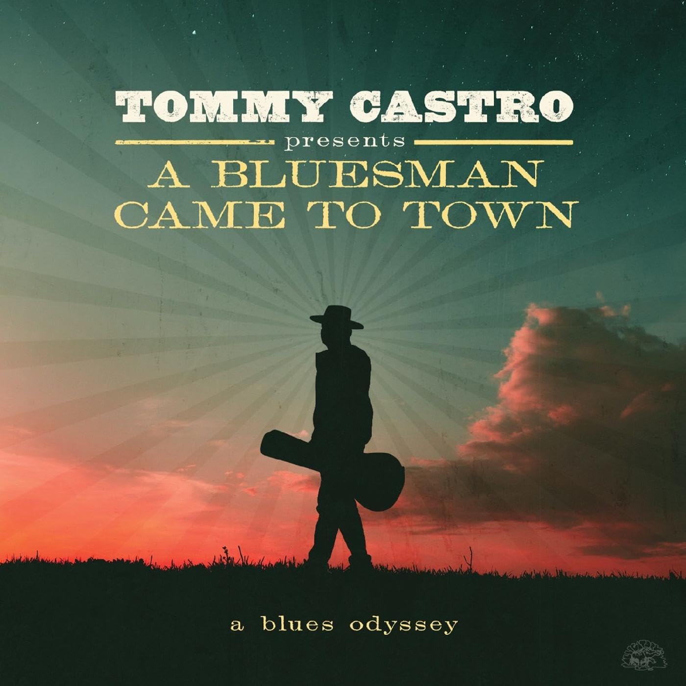Album cover for Tommy Castro’s “A Bluesman Came To Town” featuring a silhouetted musician.