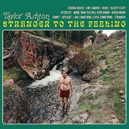 Vinyl album cover: landscape with a waterfall and a person wading.