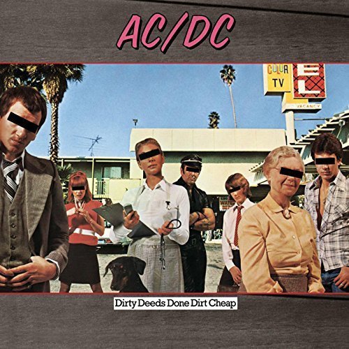 AC/DC album cover showing people with black bars over their eyes at a motel.