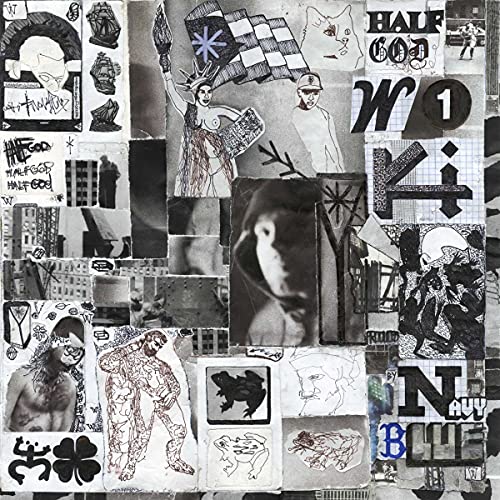 Black and white collage album cover featuring drawings, photos, and text for Wiki Half God.