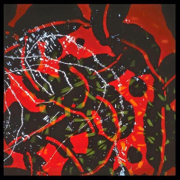 Abstract artwork featuring overlapping red, black, and green shapes with thin white lines.