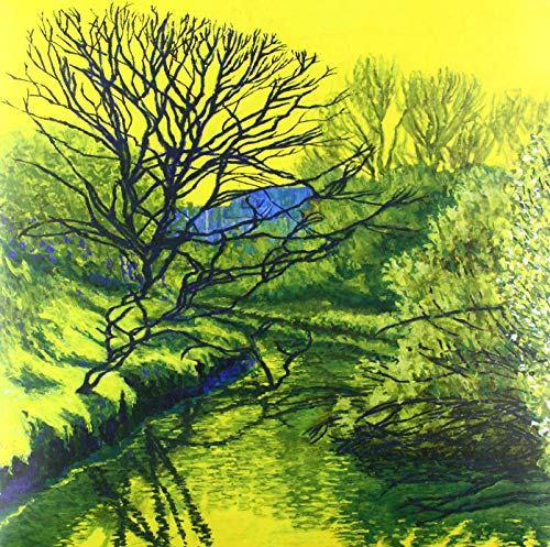 Yellow and green landscape painting with dark, tangled tree branches.