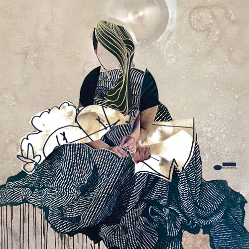 Abstract album cover with a figure and patterned textures in blue and gold.