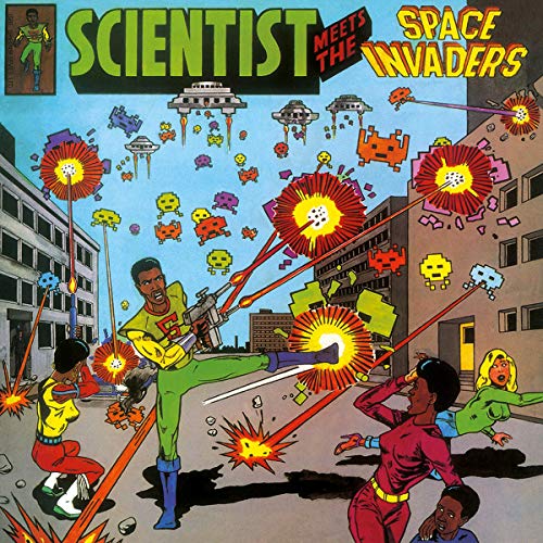 Comic book art showing a man fighting pixelated space invaders in a city street.