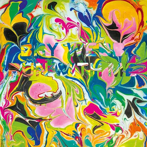 Abstract marbled paint in vibrant colors with overlaid white text.