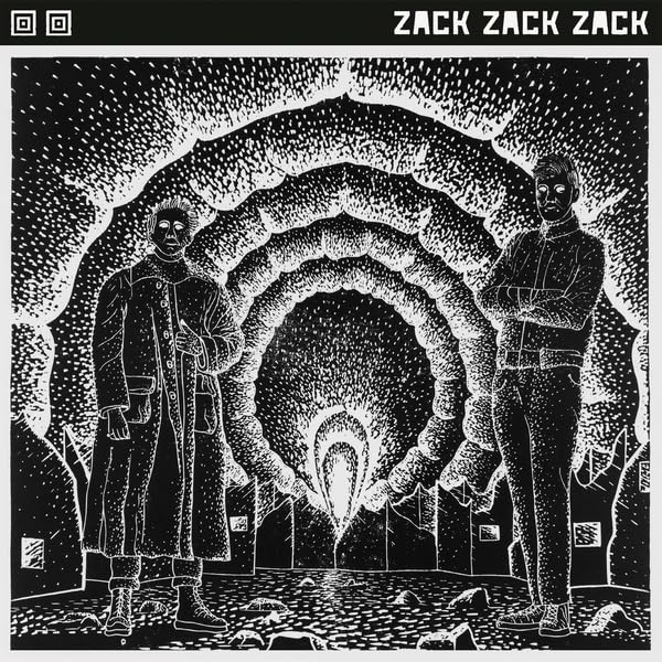 Black and white album cover with two figures standing in a cave opening.