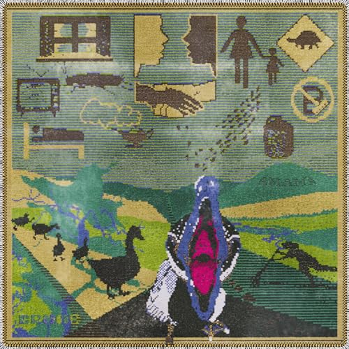 Pixelated album cover with figures, animals, and landscape in green tones.