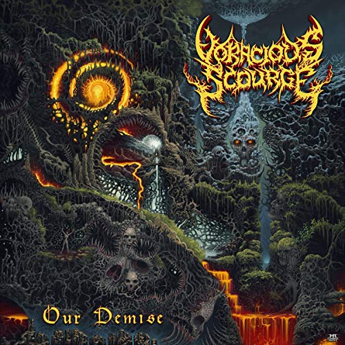 Dark fantasy artwork featuring skulls, lava, and tangled roots with yellow band logo text.
