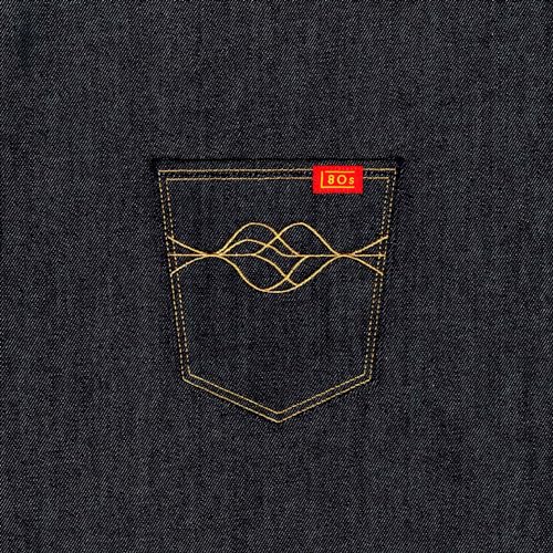 Denim texture with a back pocket design featuring gold stitching and red “80s” label.
