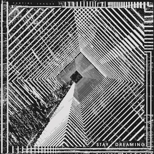 Black and white abstract album cover with converging lines and text.