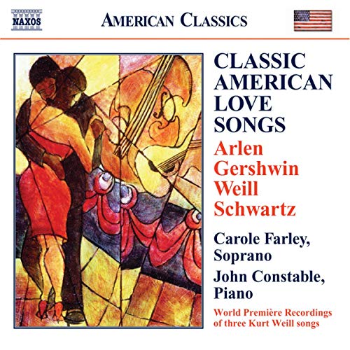 CD cover: couple embracing, musical instruments, text “Classic American Love Songs”.