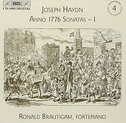 CD cover: Haydn sonatas, sketched street scene, Brautigam fortepiano.