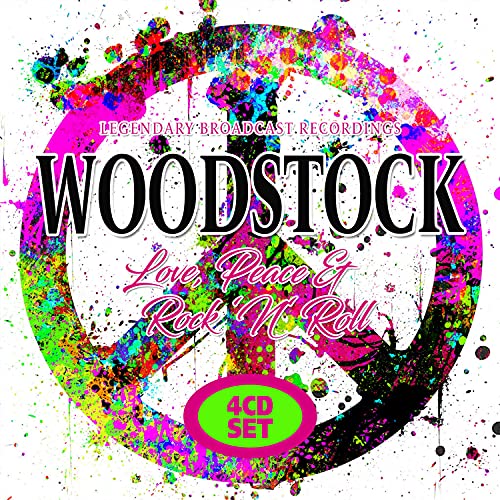 CD cover for "Woodstock / Love, Peace & Rock" with colorful paint splatter.