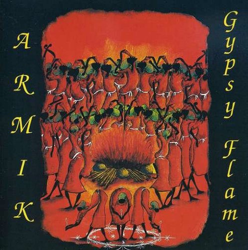 Red painting of figures dancing around a central flame, album cover.
