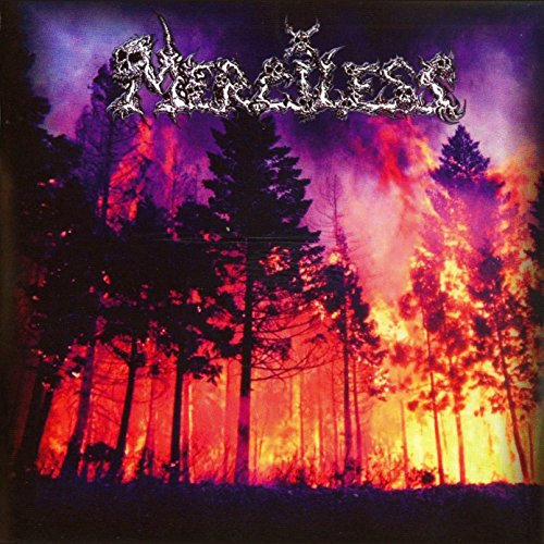 Album cover: "Merciless" with fiery forest and band logo.