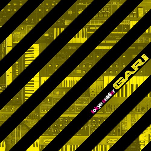 CD cover with yellow synthesizers and black diagonal stripes.