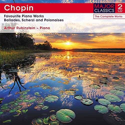 CD cover for Chopin’s piano works with a sunset landscape.