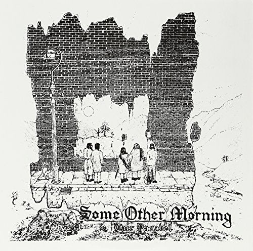 Black and white sketch of people standing in front of a ruined building.
