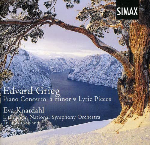 CD cover for Edvard Grieg’s Piano Concerto with a snowy mountain landscape.