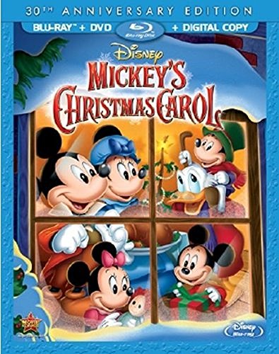 “Mickey’s Christmas Carol” Blu-ray cover featuring Mickey, Minnie, and other characters.