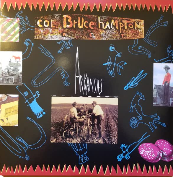 Black vinyl record cover with collage of photos and blue line drawings.
