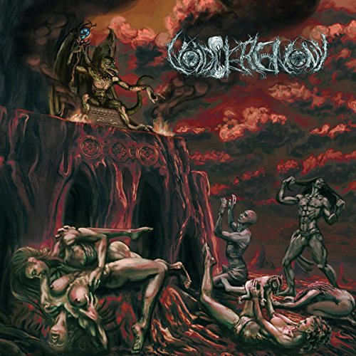A winged demon sits on a throne above humans in a dark, red landscape.