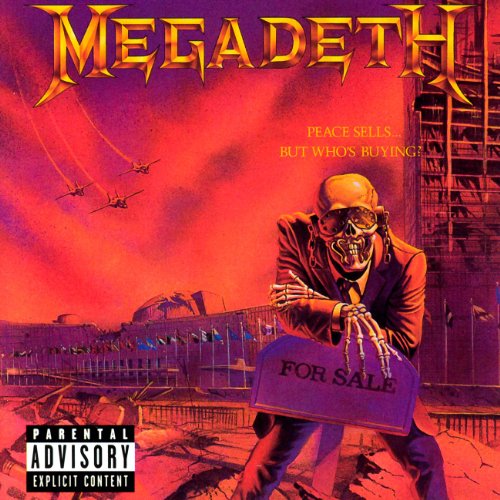 Megadeth album cover: skeleton in suit with “For Sale” sign, fiery background.