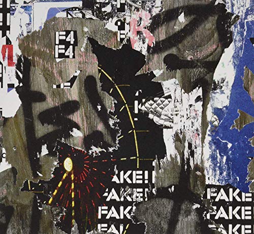 Collage of torn posters with a face, text “FAKE”, and abstract shapes.