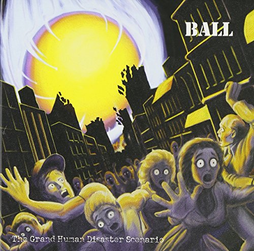 CD cover: apocalyptic cityscape with panicked figures under a yellow sun.