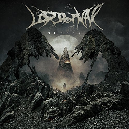 Dark album cover with jagged rocks, a spire, and a small figure.