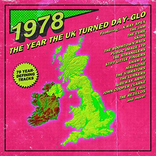 1978 UK music compilation CD cover with neon map and band names.