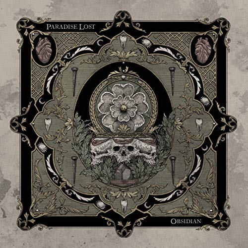 Paradise Lost "Obsidian" CD cover: skull, flower, ornate frame, dark aesthetic.