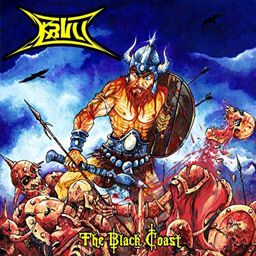 Krull album cover: Viking warrior with shield amidst skulls and carnage.