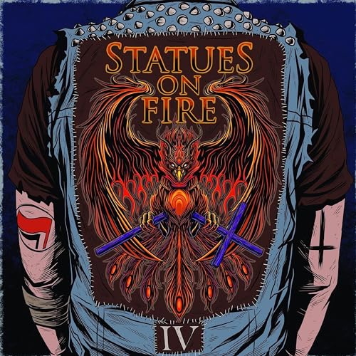 Album cover: fiery phoenix illustration on a studded denim jacket back.