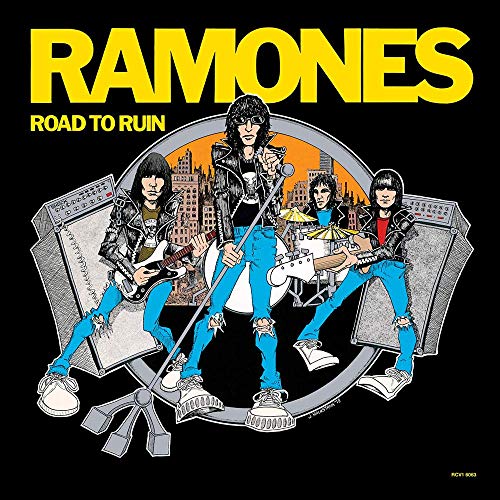 Ramones “Road to Ruin” album cover: band illustration with city backdrop.