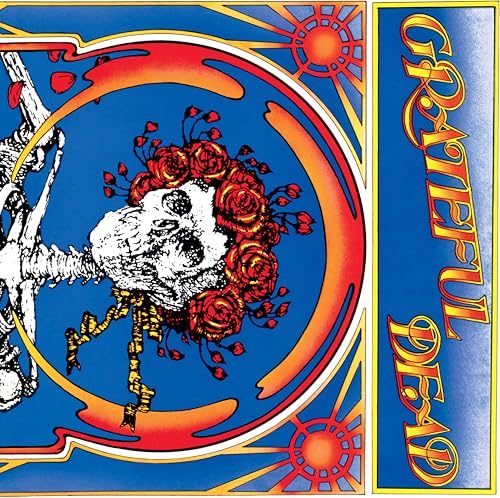 Grateful Dead album cover: skull with roses, vibrant red and blue design.
