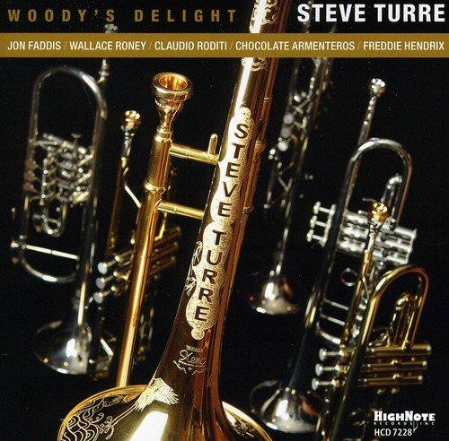 CD cover for Steve Turre’s “Woody’s Delight” featuring multiple brass instruments.