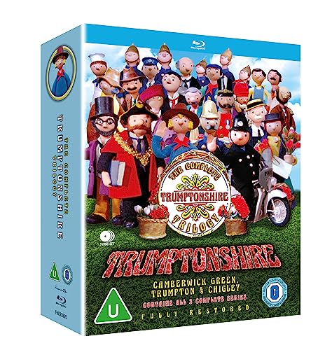 Trumptonshire" Blu-ray cover featuring many puppet characters in a village scene.