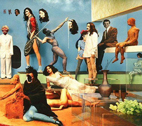 Surreal album cover with multiple figures in a blue, room-like setting.